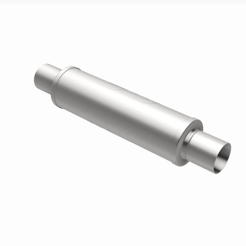 MagnaFlow Mag SS muffler with 14x4x4 inch size and 2.5x2.5 inch inlet and outlet pipes, showing the stainless steel construction.