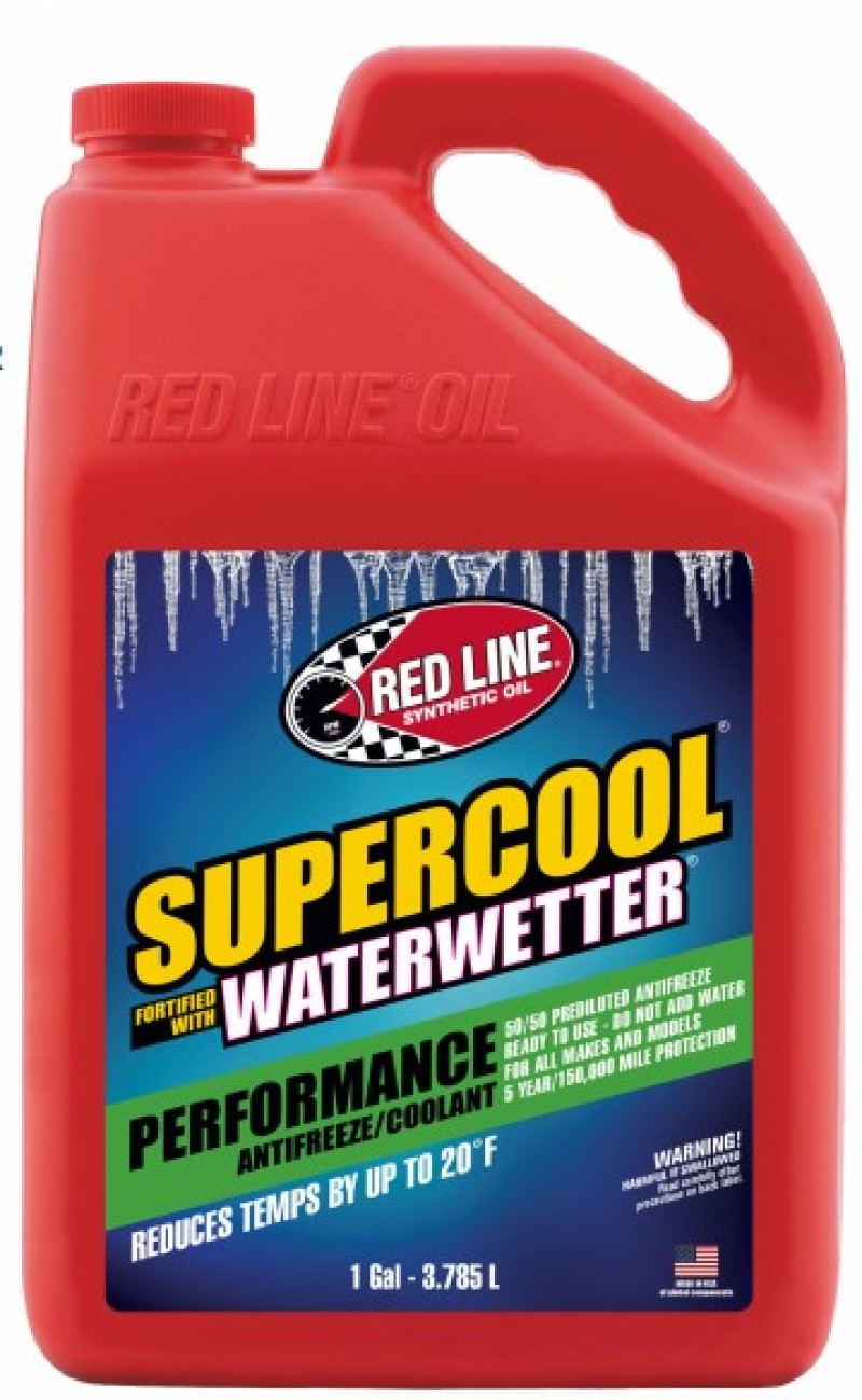 Red Line Supercool coolant performance 50/50 mix gallon, showcasing the bright red liquid in a clear container.