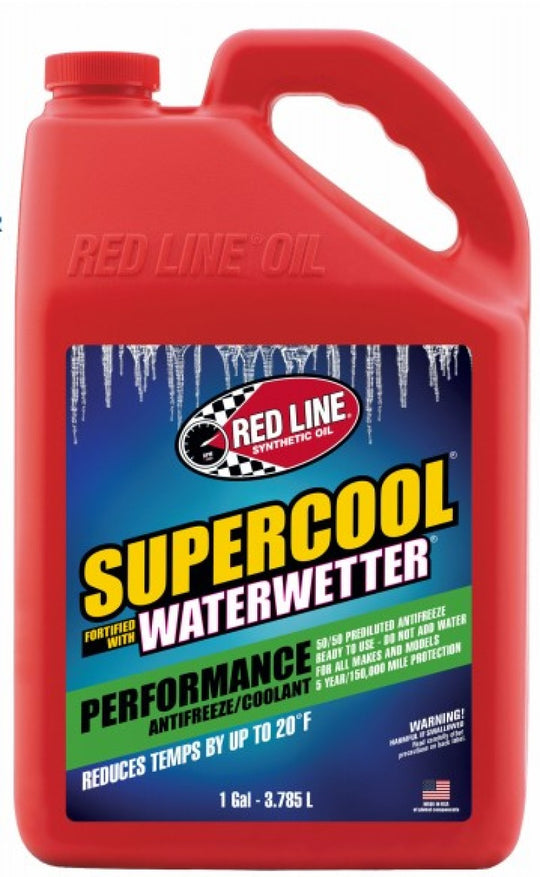 Red Line Supercool coolant performance 50/50 mix gallon, showcasing the bright red liquid in a clear container.