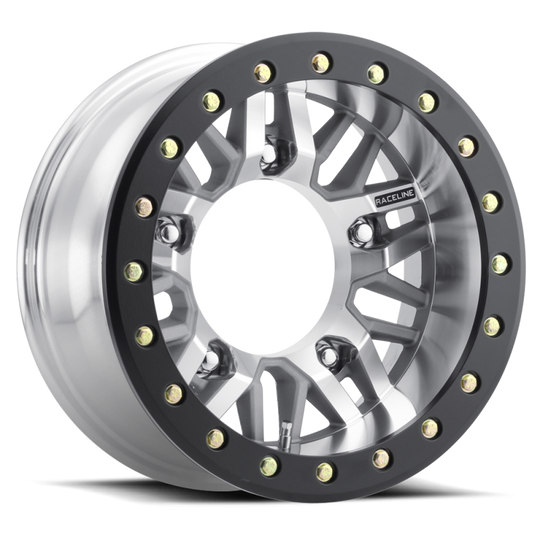 Raceline RT260M Ryno cast beadlock wheel, 15x7 inch, 5x205 bolt pattern, -45mm offset, machined finish with beadlock design
