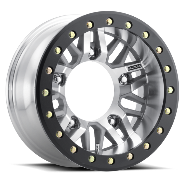 Raceline RT260M Ryno cast beadlock wheel, 15x7 inch, 5x205 bolt pattern, -45mm offset, machined finish with beadlock design