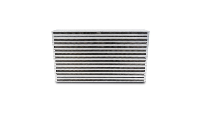 Vibrant intercooler core with 17.75-inch length, 9.85-inch height, and 3.5-inch thickness, designed for efficient cooling.