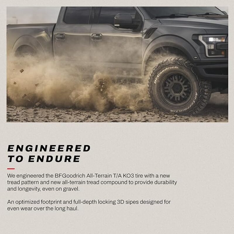 BFGoodrich All Terrain T/A KO3 LT275/65R20 off-road UTV tire mounted on a vehicle with rugged tread pattern visible.