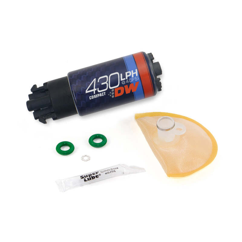 DeatschWerks DW430C 430lph compact fuel pump for Subaru Legacy GT, WRX, and STI models, shown installed in a vehicle.