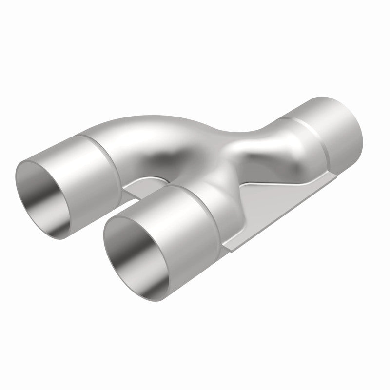 MagnaFlow Y Pipe with 2.50-inch stainless steel, 90-degree bend, for exhaust systems, showing the smooth transition and polished surface.