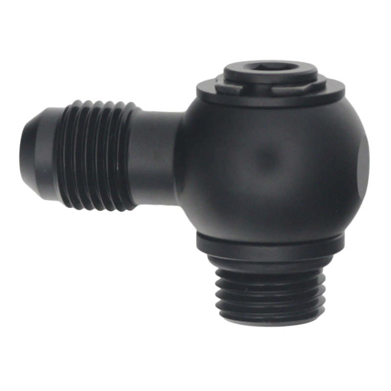 DeatschWerks matte black 6AN ORB male to 6AN male flare fitting with 90-degree swivel, low profile design, for fuel or oil lines.