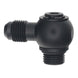 DeatschWerks matte black 6AN ORB male to 6AN male flare fitting with 90-degree swivel, low profile design, for fuel or oil lines.