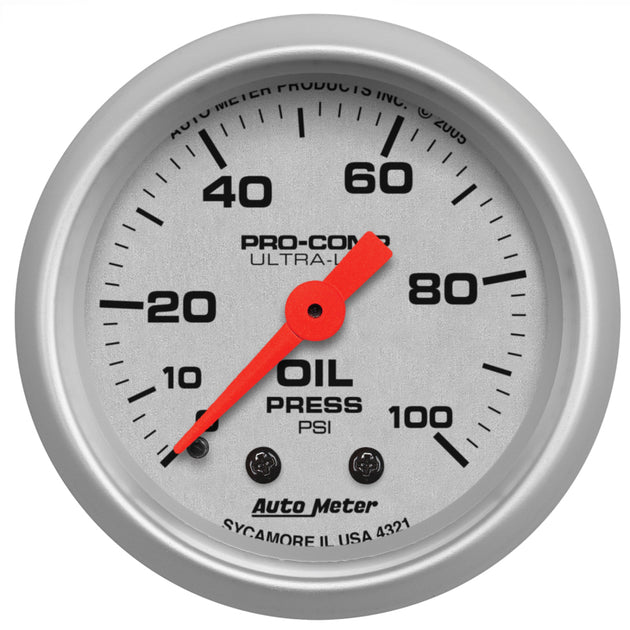AutoMeter Ultra-Lite 52mm mechanical oil pressure gauge displaying 0-100 PSI with a black dial and chrome bezel.