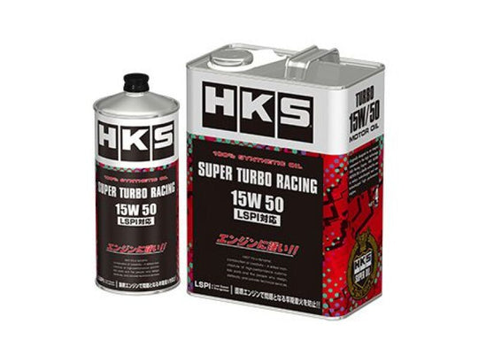 HKS Super Turbo Racing 15W50 motor oil bottle, 1 liter, with black cap and label featuring HKS branding and product details.
