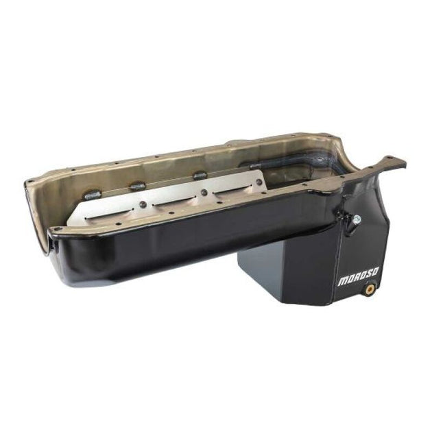 Moroso Chevrolet S10 wet sump oil pan with 9.5-inch depth and 6.5-quart capacity, steel construction, driver side dipstick.