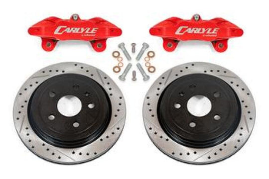 BMR Chevrolet Corvette brake kit with 15-inch drilled and slotted rotors and red calipers for enhanced performance.