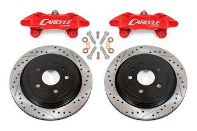 BMR Chevrolet Corvette brake kit with 15-inch drilled and slotted rotors and red calipers for enhanced performance.