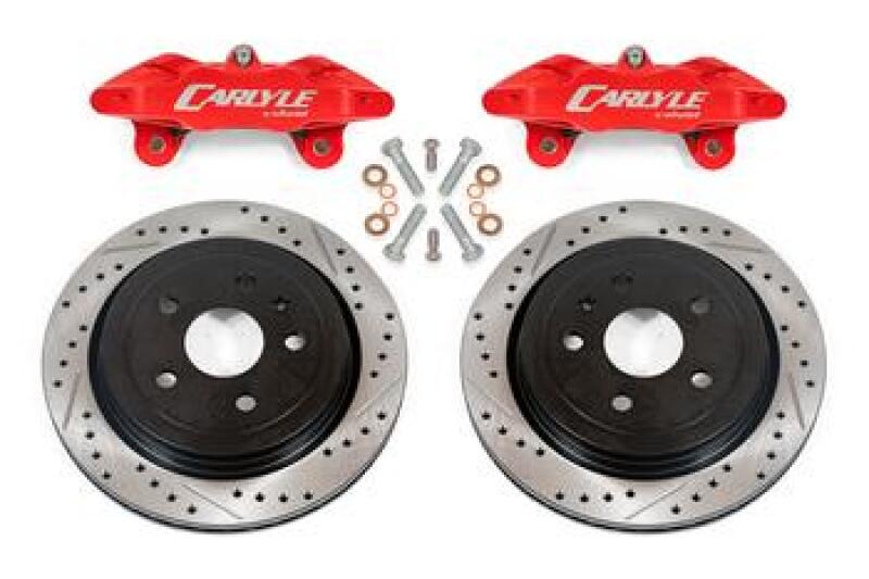 BMR Chevrolet Corvette brake kit with 15-inch drilled and slotted rotors and red calipers for enhanced performance.