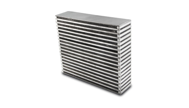 Vibrant horizontal flow intercooler core, 14x11.75x3.5 inches, with vibrant fins and core structure for efficient cooling.
