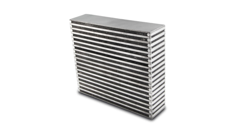Vibrant horizontal flow intercooler core, 14x11.75x3.5 inches, with vibrant fins and core structure for efficient cooling.