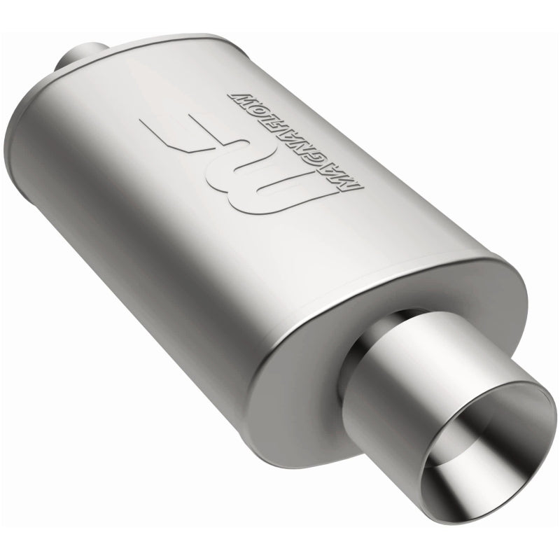 MagnaFlow stainless steel muffler with tip, 14x5x8 inches, featuring dual inlet and outlet pipes for vehicle exhaust systems.