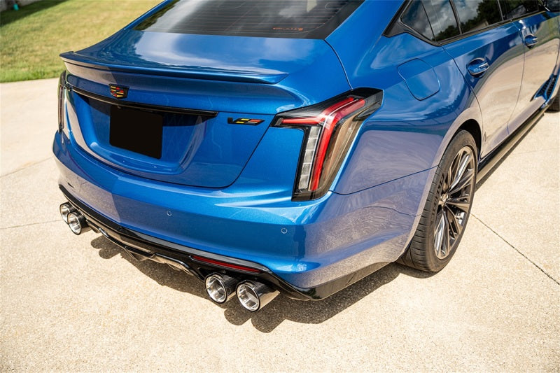 CORSA Performance Cadillac CT5 V Blackwing 2022-25 cat-back exhaust with twin 4.5-inch carbon fiber tips and dual X-pipe.