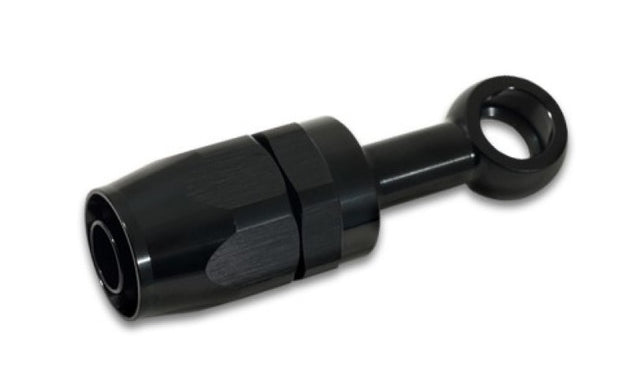 Vibrant black aluminum -10AN banjo hose end fitting with M16 and 5/8 inch banjo bolt for automotive use
