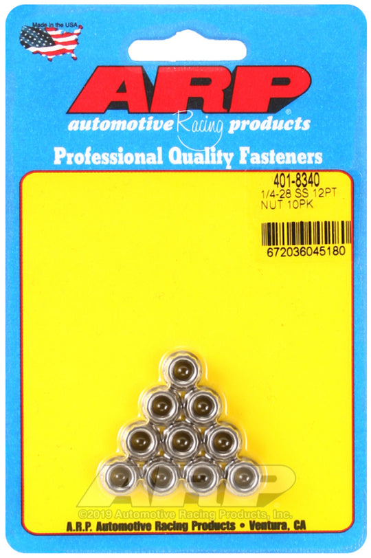 ARP 1/4-20 inch stainless steel 12-point nut kit with 10 pieces, hardware kit for automotive or machinery applications.