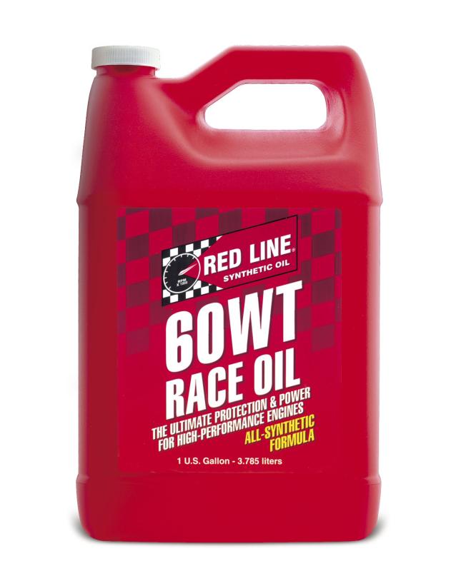 Red Line 60WT Race Oil gallon container, high-performance motor oil for racing engines, with a red label and black cap.