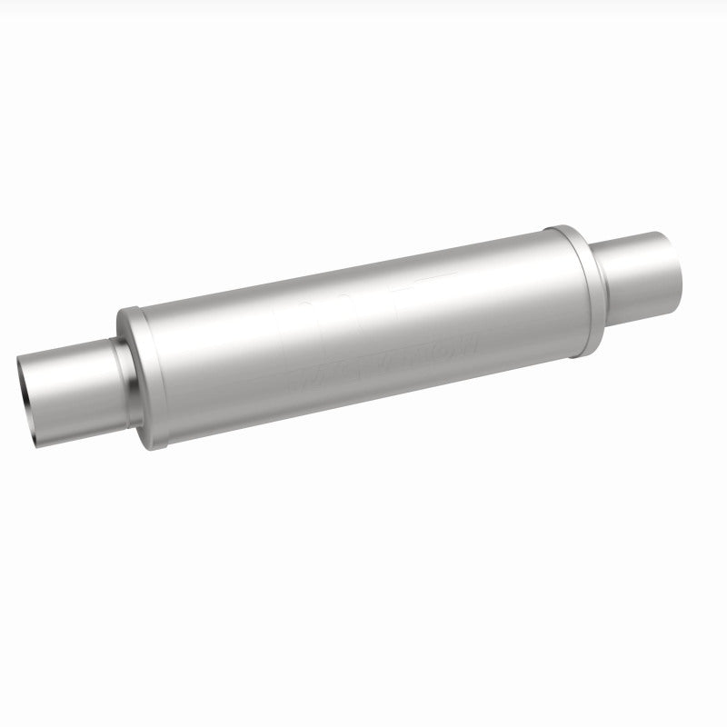 Magnaflow MagnaFlow muffler Mag SS 14x4x4 inch with 2.5x2.5 inch inlet and outlet pipes, metallic finish, and cylindrical shape.