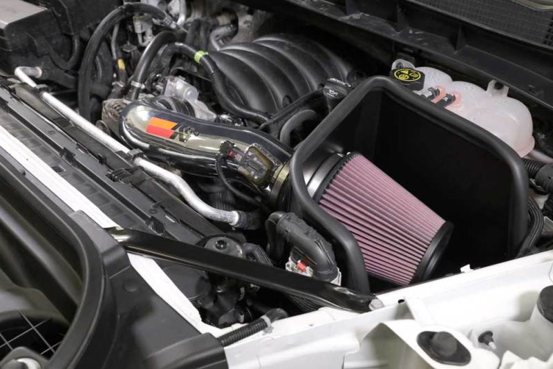 K&N Engineering cold air intake kit for 2019 Chevy Silverado and GMC Sierra 1500 V8-5.3/6.2L engine, installed in vehicle engine bay
