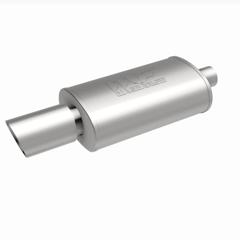 MagnaFlow muffler with polished tip, stainless steel construction, 14x5x8 inches, 2.25/4 inlet/outlet for car exhaust system