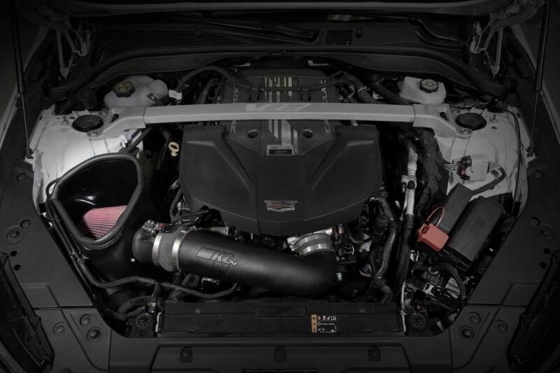 K&N Engineering cold air intake system for Cadillac CT5 6.2L V8 engine, showing the performance air intake components.