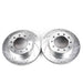 Pair of PowerStop front drilled and slotted brake rotors for Ford F-550 Super Duty trucks, enhanced braking performance.