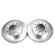 Pair of PowerStop front drilled and slotted brake rotors for Ford F-550 Super Duty trucks, enhanced braking performance.