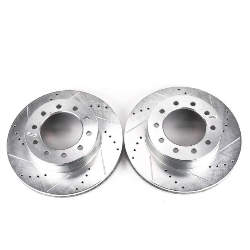 Pair of PowerStop front drilled and slotted brake rotors for Ford F-550 Super Duty trucks, enhanced braking performance.