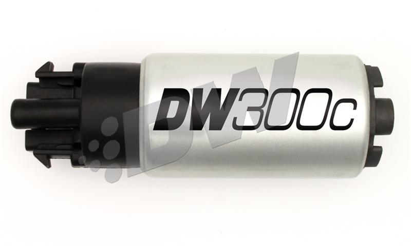 DeatschWerks 340lph DW300C compact fuel pump with universal install kit and mounting clips for automotive fuel system.