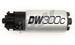 DeatschWerks 340lph DW300C compact fuel pump with universal install kit and mounting clips for automotive fuel system.
