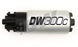 DeatschWerks 340lph DW300C compact fuel pump with universal install kit and mounting clips for automotive fuel system.
