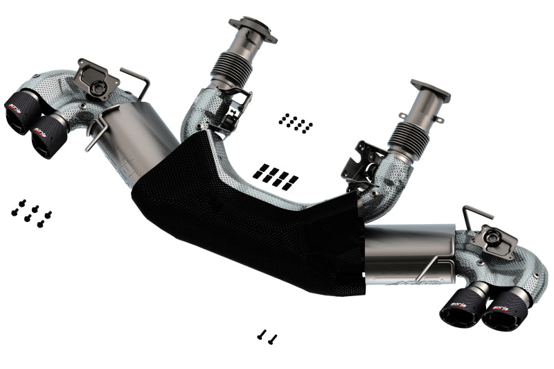 Borla catback exhaust system for 2020 Chevrolet Corvette C8 with dual round angle cut carbon fiber tips and 3-inch diameter pipes.