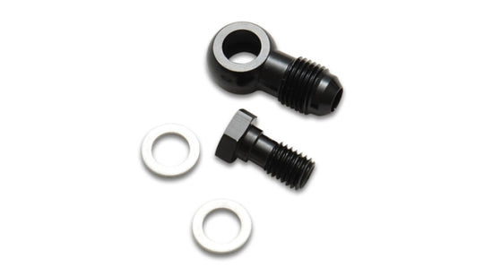 Vibrant -4AN male banjo fitting with 12mm x 1.25 metric aluminum body and two washers for automotive or fluid connections.