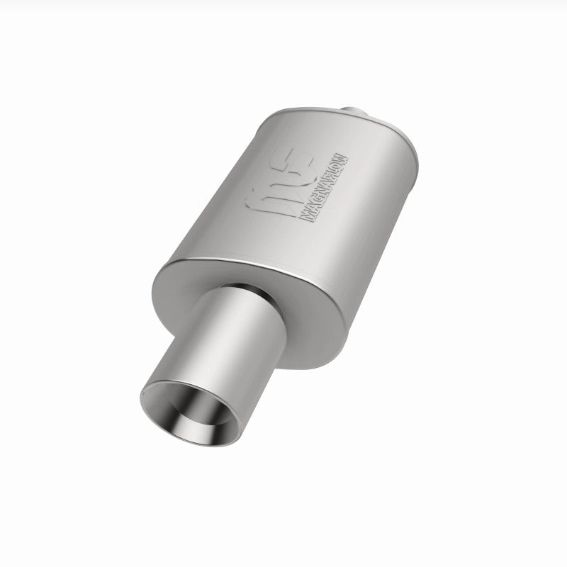 MagnaFlow stainless steel muffler with tip, 14x5x8 inches, featuring dual outlet pipes and polished finish for performance and style.