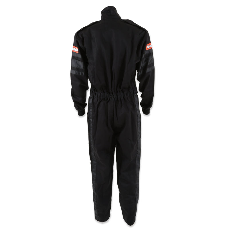 RaceQuip Black SFI-1 1-L racing suit in medium size, made of durable fire-resistant fabric for motorsport safety.