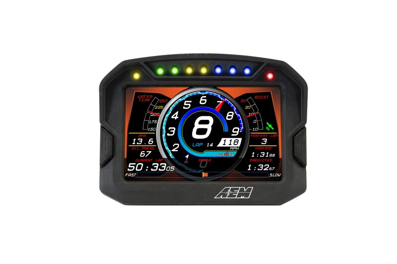 AEM CD-5LG Carbon Logging Digital Dash Display with internal 10Hz GPS and antenna, showing digital gauges and data readouts.