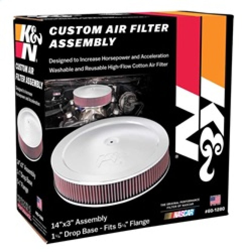 K&N 14-inch red custom air cleaner assembly with 5.125-inch ID, 14-inch OD, and drop base for direct fit air filters.