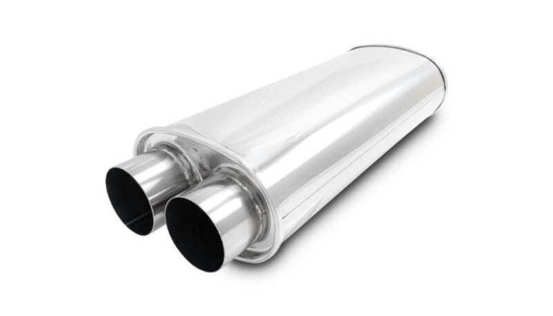 Vibrant Streetpower Oval Muffler 3.0in dual inlet/outlet with 18-inch body length for automotive exhaust systems.