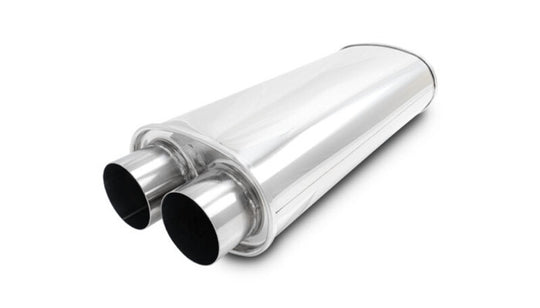 Vibrant Streetpower Oval Muffler 3.0in dual inlet/outlet with 18-inch body length for automotive exhaust systems.