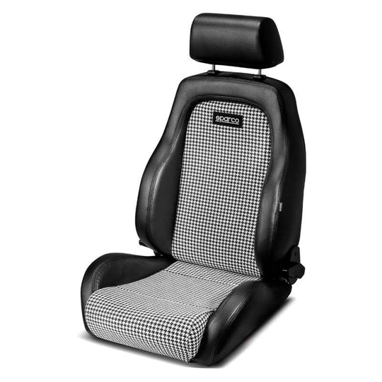 Black and white Sparco GT race seat with supportive bolsters and racing harness openings, designed for high-performance driving.