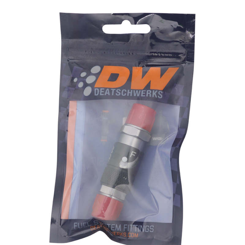 DeatschWerks 6AN male flare quick disconnect dry break fitting set in matte black anodized finish, two-piece fuel fitting for automotive use.
