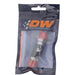DeatschWerks 6AN male flare quick disconnect dry break fitting set in matte black anodized finish, two-piece fuel fitting for automotive use.
