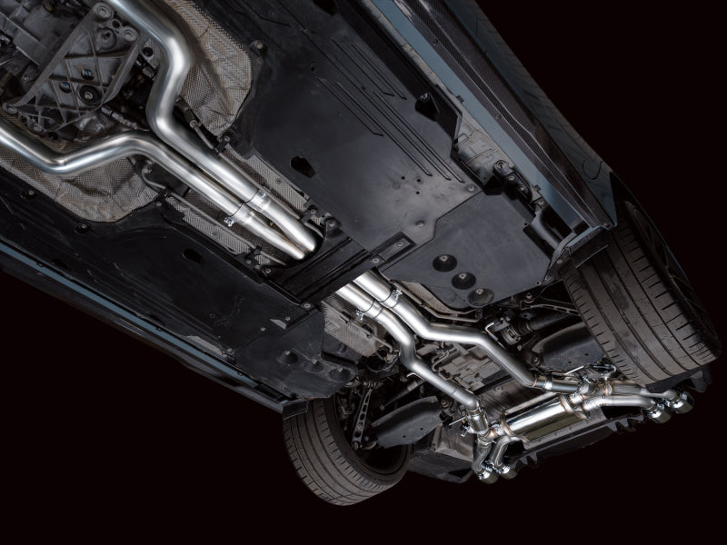 AWE Tuning Cadillac CT5-V Blackwing catback exhaust with chrome silver tips, showcasing its sleek, polished stainless steel finish.