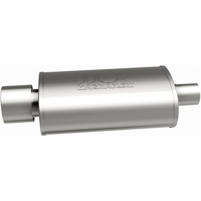 MagnaFlow stainless steel muffler with tip, 14x5x8 inches, featuring 2.25/4 inch inlet and outlet pipes, designed for car exhaust systems.