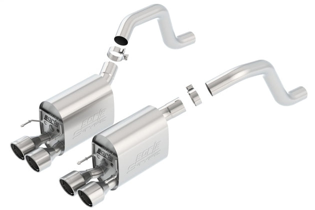 Borla catback exhaust system for Chevy Corvette C6 ZO6/ZR1, rear section with dual rolled tips, stainless steel construction.