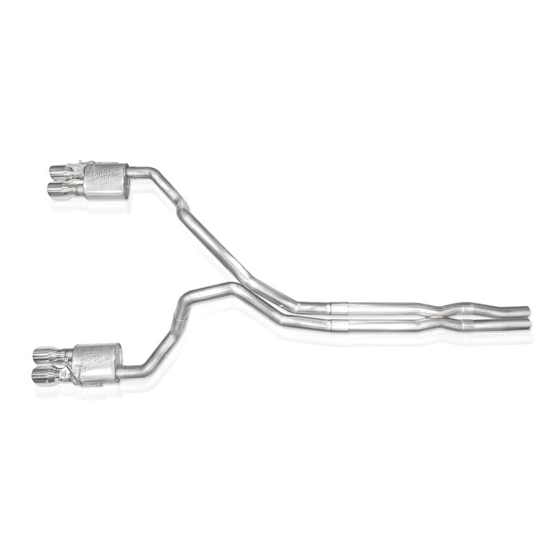 Stainless Works 2023+ Cadillac Escalade V 6.2L Supercharged Catback exhaust system, showing polished stainless steel pipes and tips.