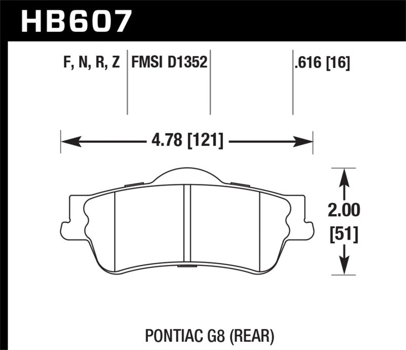 Hawk Performance rear brake pads for Pontiac G8 2008-2009, 3.6 Base or 6.0 HPS Street performance brake pads, black with metal backing.